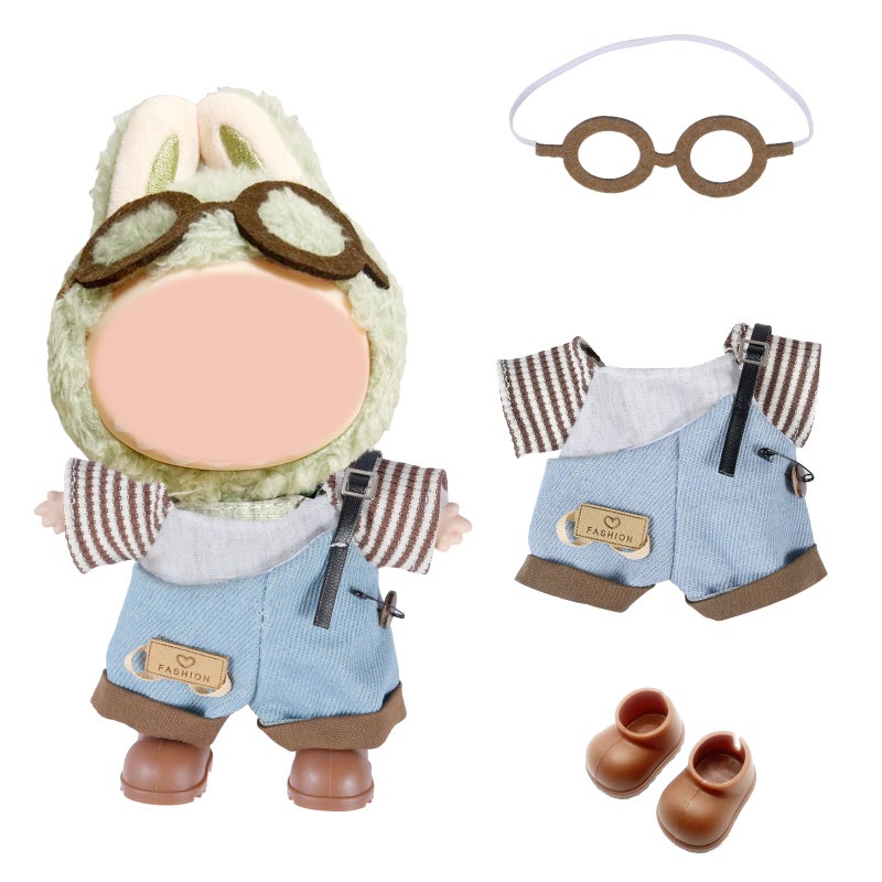 SHUOXUKE 17cm Doll Clothes Set and Accessories, 2025 Designed Clothes Set for 15cm/17cm Doll with Brown Glasses & Overalls & Brown Shoes - Image 1
